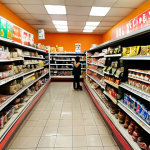 A small, unassuming Asian supermarket in Tegucigalpa, Honduras. Shelves are stocked with a mix of Asian products, but some Korean items like gochujang and noodles are visible. The store is bustling with locals browsing the selection.