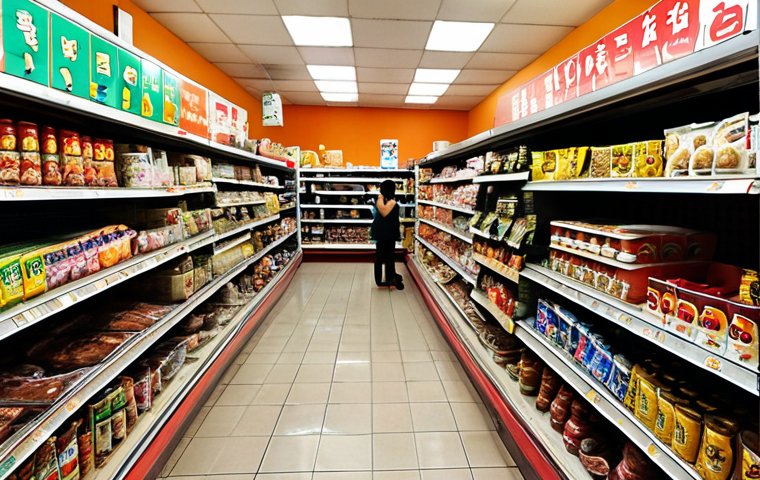 A small, unassuming Asian supermarket in Tegucigalpa, Honduras. Shelves are stocked with a mix of Asian products, but some Korean items like gochujang and noodles are visible. The store is bustling with locals browsing the selection.