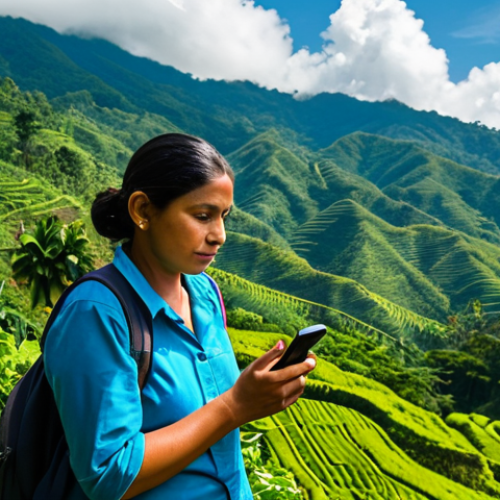 Home 21 A professional adult female traveler, fully clothed in modest, practical outdoor attire, stands amidst the lush, deep green mountains and rolling coffee plantations of rural Honduras, hinting at the digital divide. She gently holds a smartphone, gazing at the screen with a contemplative expression, as if seeking a signal. In the background, a small, traditional village nestles within the verdant landscape under a clear sky. The scene is captured with professional photography, showcasing natural daylight, vibrant colors, perfect anatomy, correct proportions, a natural pose, well-formed hands, and natural body proportions. This image is safe for work, appropriate content, fully clothed, and family-friendly.