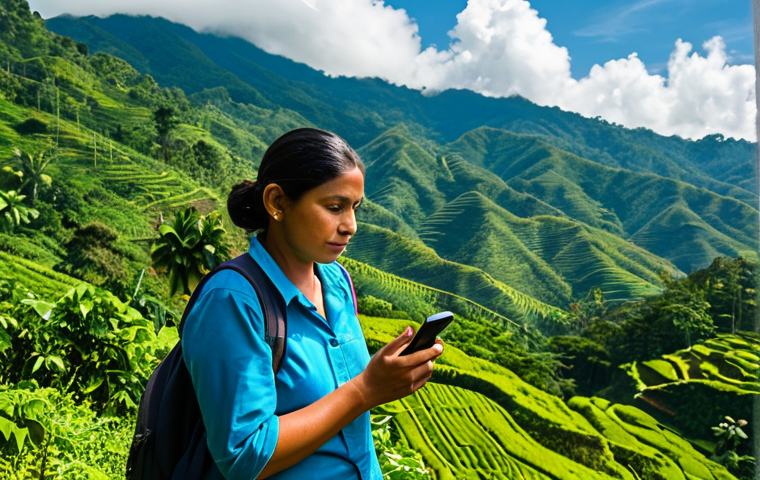 A professional adult female traveler, fully clothed in modest, practical outdoor attire, stands amidst the lush, deep green mountains and rolling coffee plantations of rural Honduras, hinting at the digital divide. She gently holds a smartphone, gazing at the screen with a contemplative expression, as if seeking a signal. In the background, a small, traditional village nestles within the verdant landscape under a clear sky. The scene is captured with professional photography, showcasing natural daylight, vibrant colors, perfect anatomy, correct proportions, a natural pose, well-formed hands, and natural body proportions. This image is safe for work, appropriate content, fully clothed, and family-friendly.