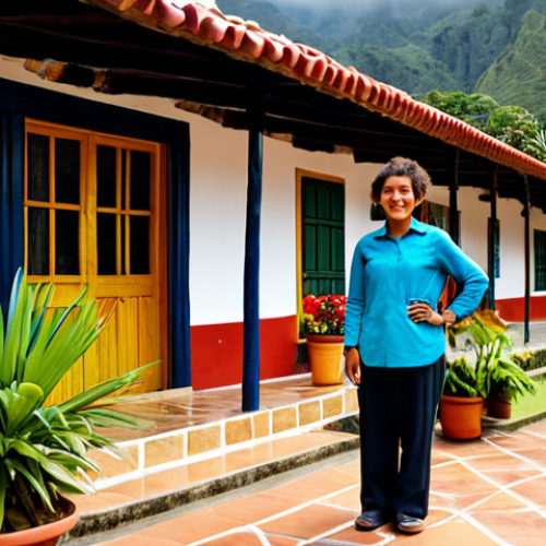 Home 20 A professional female traveler, fully clothed in modest, comfortable long-sleeved travel attire and sturdy trousers, standing outside a charming, traditional Honduran guesthouse (posada) in the authentic, mountainous interior of Honduras. The guesthouse features local architectural details, a red tile roof, and potted plants, conveying a sense of peaceful authenticity and affordability. Natural daylight, professional travel photography, perfect anatomy, correct proportions, natural pose, well-formed hands, proper finger count, natural body proportions, safe for work, appropriate content, fully clothed, modest clothing, family-friendly.