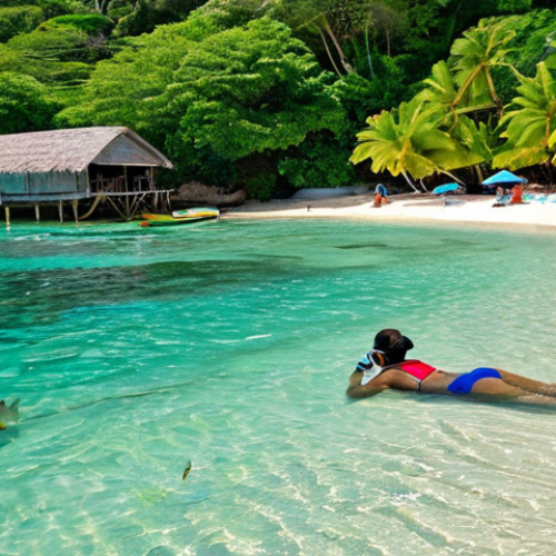Home 19 Hidden Beach at West Bay**
"A secluded, calm bay with crystal clear water and white sand, accessible via a small path. Lush green vegetation surrounds the beach. A fully clothed woman is snorkeling in the shallow water, observing colorful fish and coral. In the background, a small, quaint beach shack offers refreshments. Safe for work, appropriate content, perfect anatomy, natural proportions, professional photography, modest clothing, family-friendly."
**
