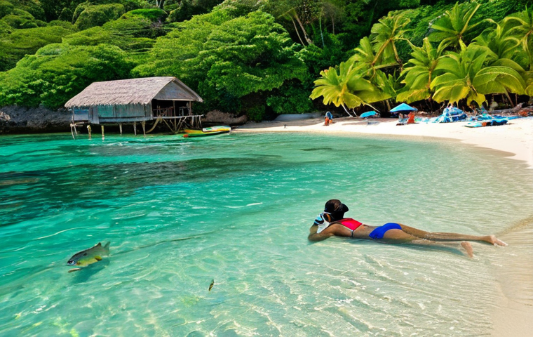Hidden Beach at West Bay**

"A secluded, calm bay with crystal clear water and white sand, accessible via a small path. Lush green vegetation surrounds the beach. A fully clothed woman is snorkeling in the shallow water, observing colorful fish and coral. In the background, a small, quaint beach shack offers refreshments. Safe for work, appropriate content, perfect anatomy, natural proportions, professional photography, modest clothing, family-friendly."

**