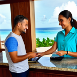 온두라스에서 신용카드 사용 가능 여부 - Resort Payment**

"A fully clothed traveler in casual, modest attire checking out at the reception o...