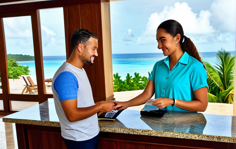 온두라스에서 신용카드 사용 가능 여부 - Resort Payment**

"A fully clothed traveler in casual, modest attire checking out at the reception o...